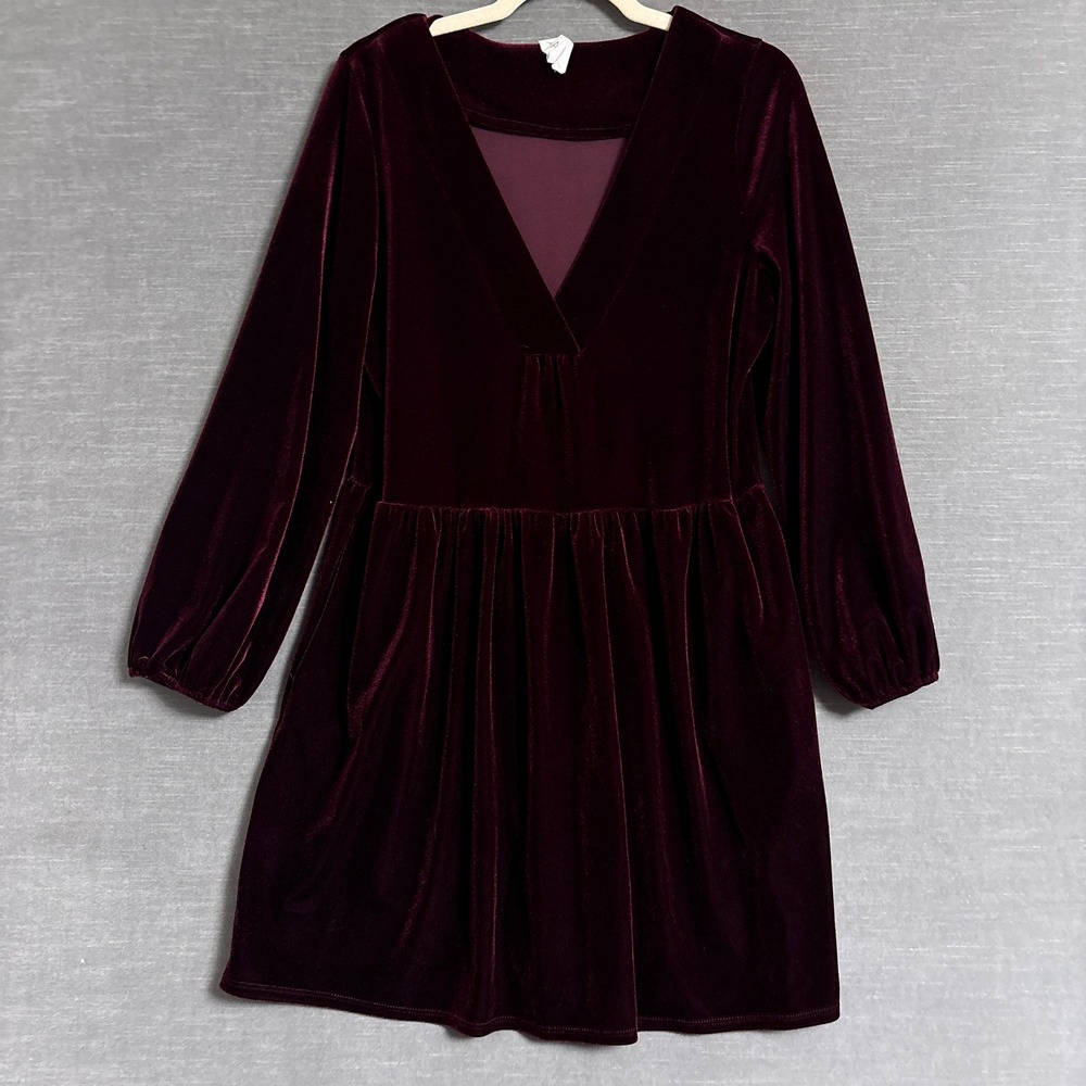 Amadi Dress M Burgundy Red Long Sleeve Velvet Velour Babydoll Holiday Party USA